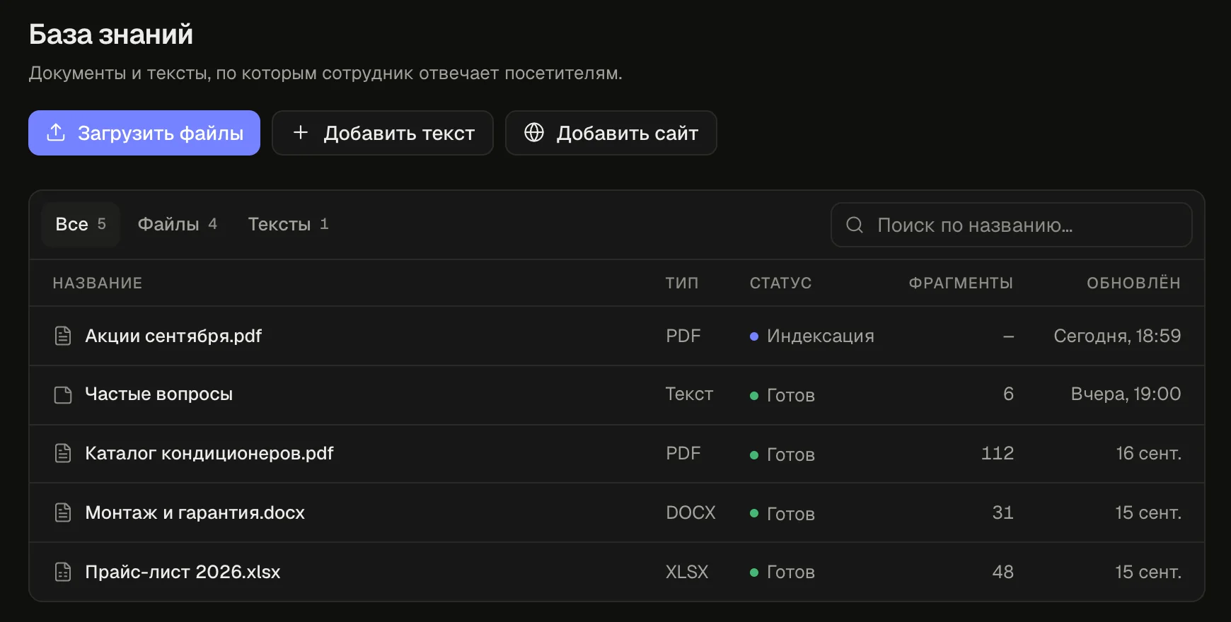 Раздел «База знаний» в кабинете: прайс-лист, описание монтажа, каталог и частые вопросы готовы, файл с акциями индексируется.