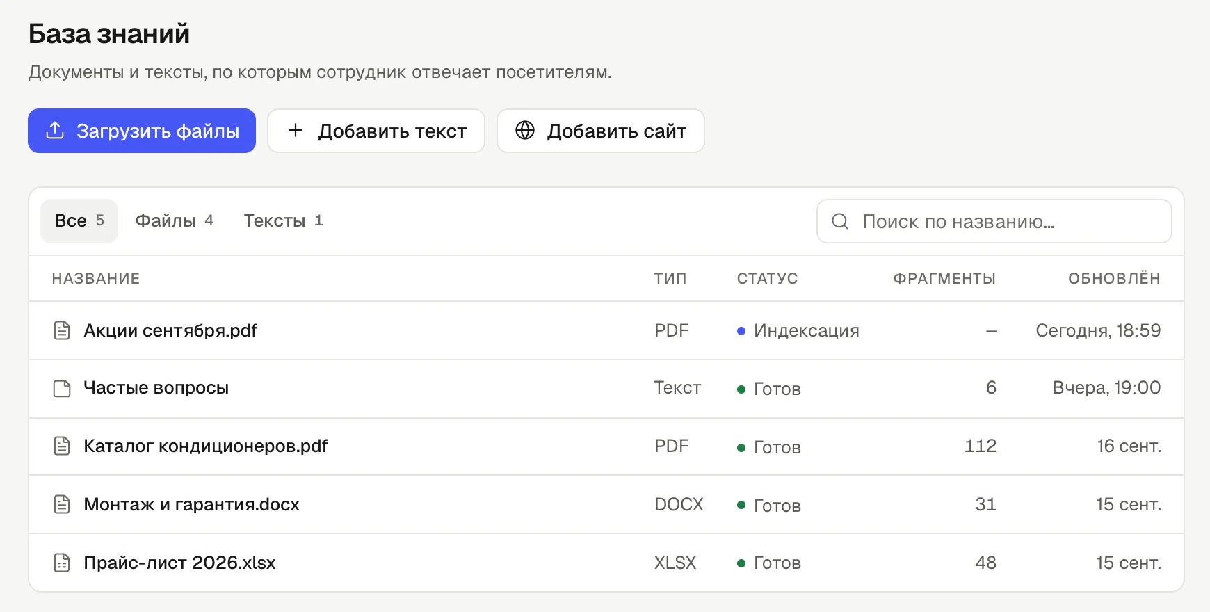 Раздел «База знаний» в кабинете: прайс-лист, описание монтажа, каталог и частые вопросы готовы, файл с акциями индексируется.